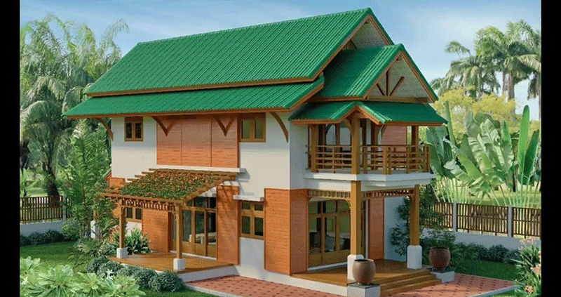 Mẫu nhà gỗ 3 gian 4 mái xây tường - Kiến trúc nhà gỗ