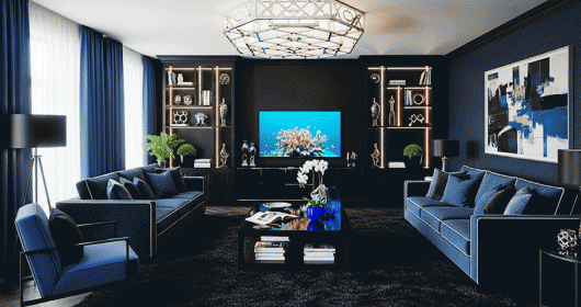 Những ý tưởng làm mới phòng khách với sắc đen và xanh dương tinh tế