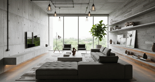 Phòng khách cực chất với ý tưởng thiết kế Brutalism tối giản nhưng mạnh mẽ