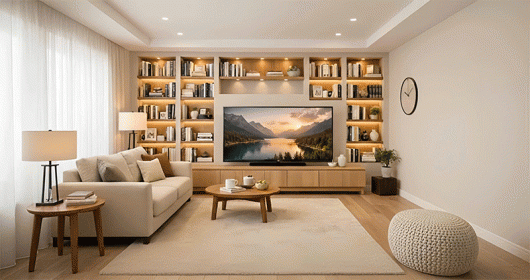 Ý tưởng thông minh biến kệ âm tường thành điểm nhấn phòng khách