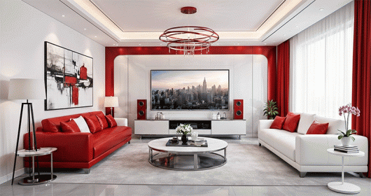Ý tưởng thiết kế phòng khách đỏ trắng chuẩn gu hiện đại